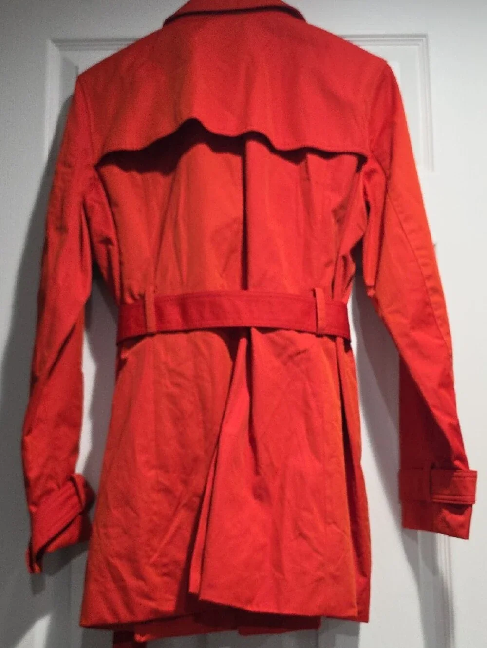 Michael Kors Vibrant Red/Orange Belted Trench Coat with Zip Accents